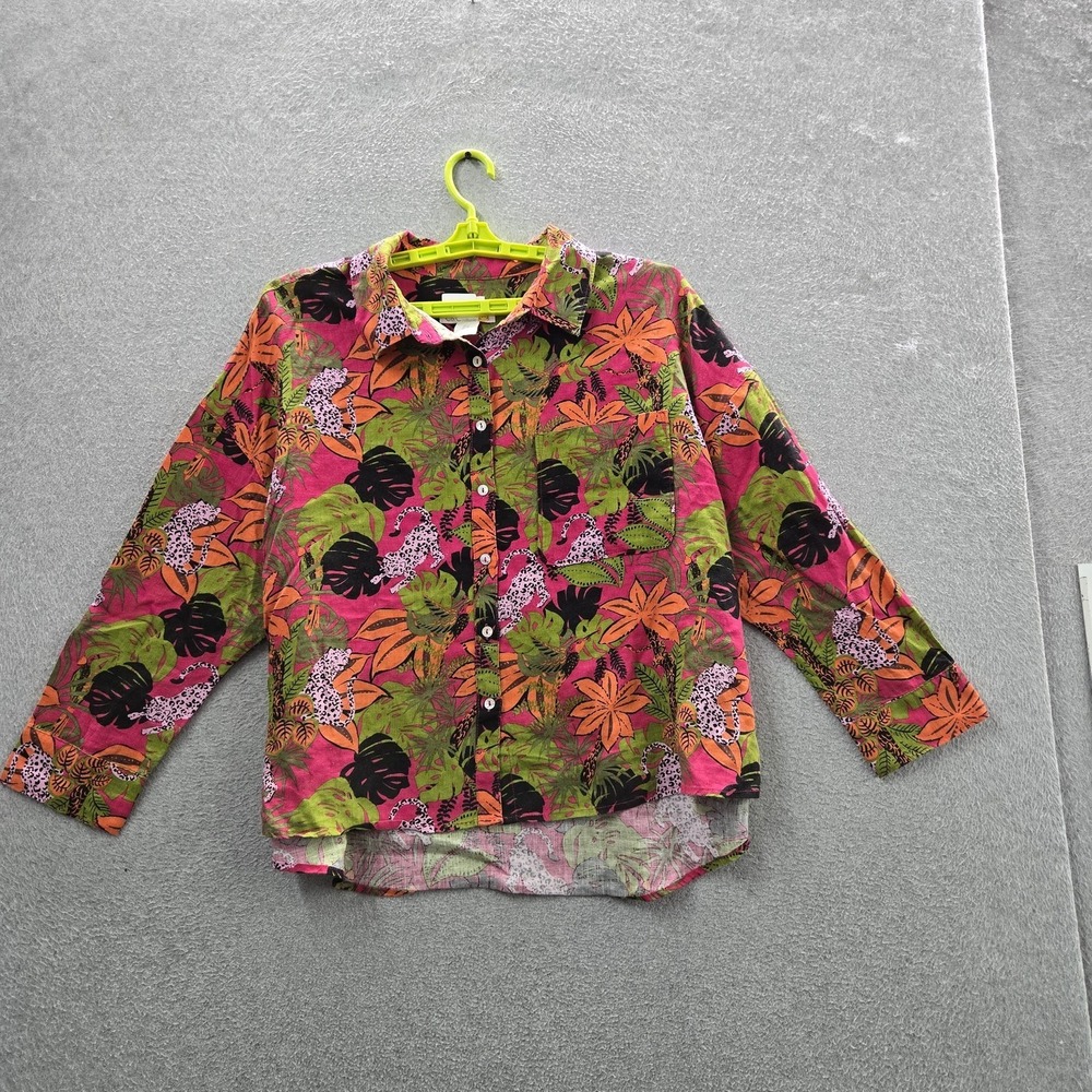 C&C California Women Button Up Shirt 1X‎ Pink Linen Floral Artsy Office Coastal